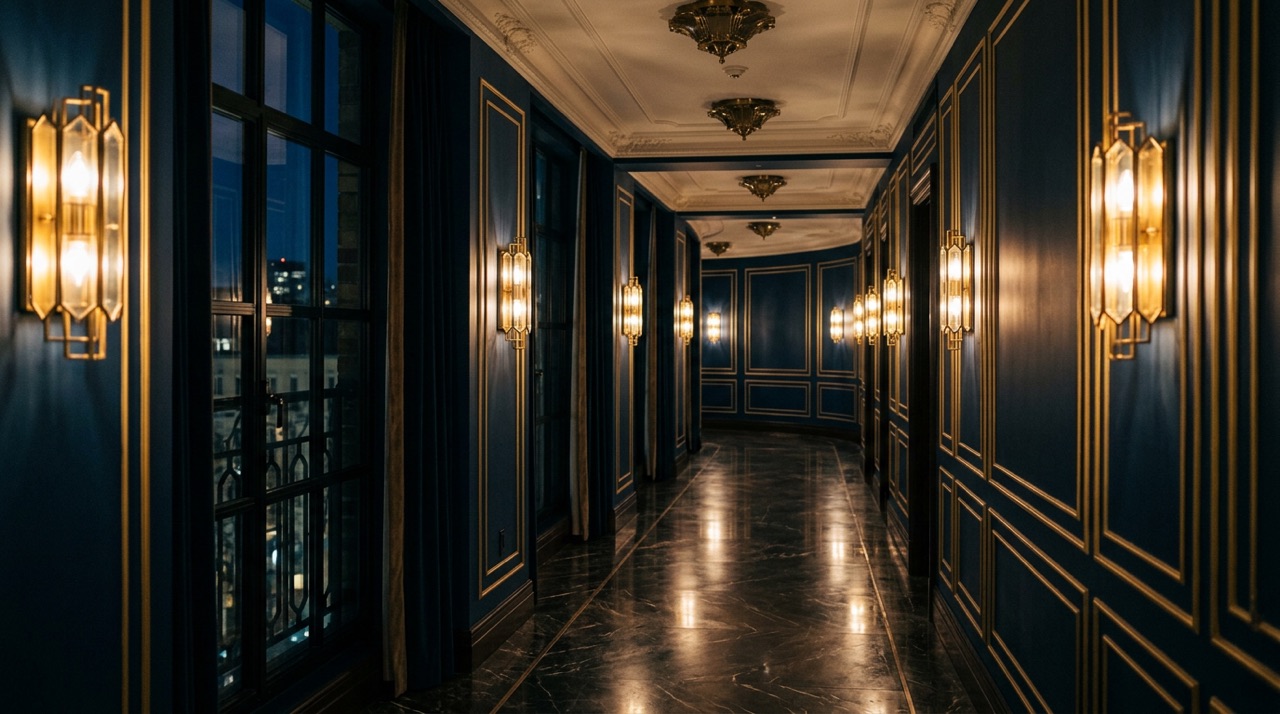 Art deco corridor at night with midnight blue paneling, gold moldings, and brass sconces