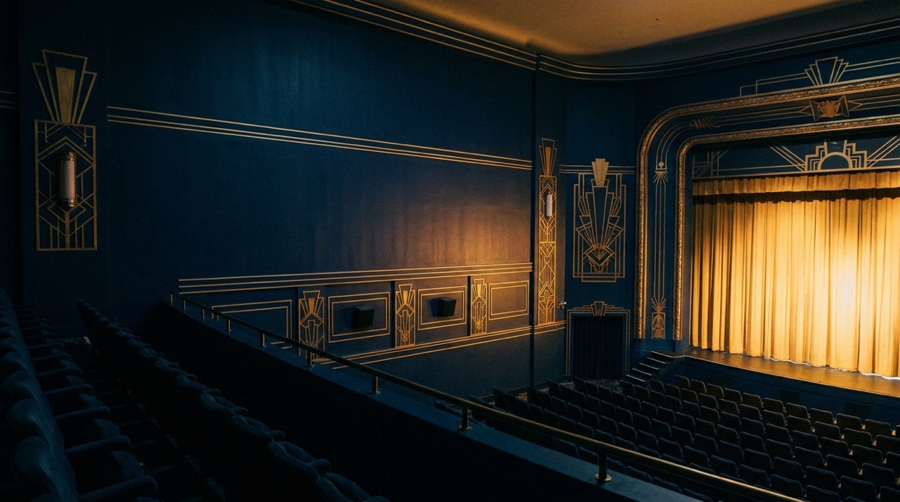 Empty art deco theater hall at night, midnight blue walls with gold detailing and warm stage light